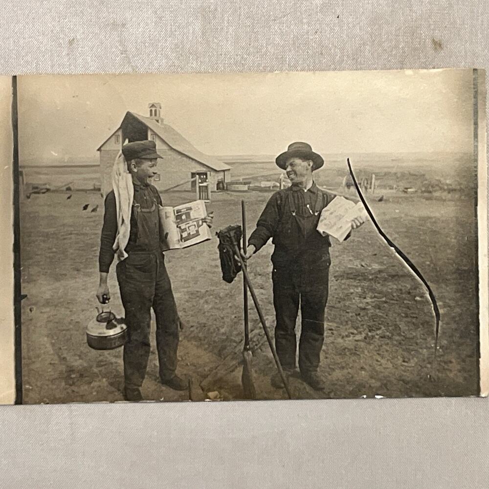 1909 RPPC Farmer Goofing Around Real Photo Postcard Antique Rural Scene